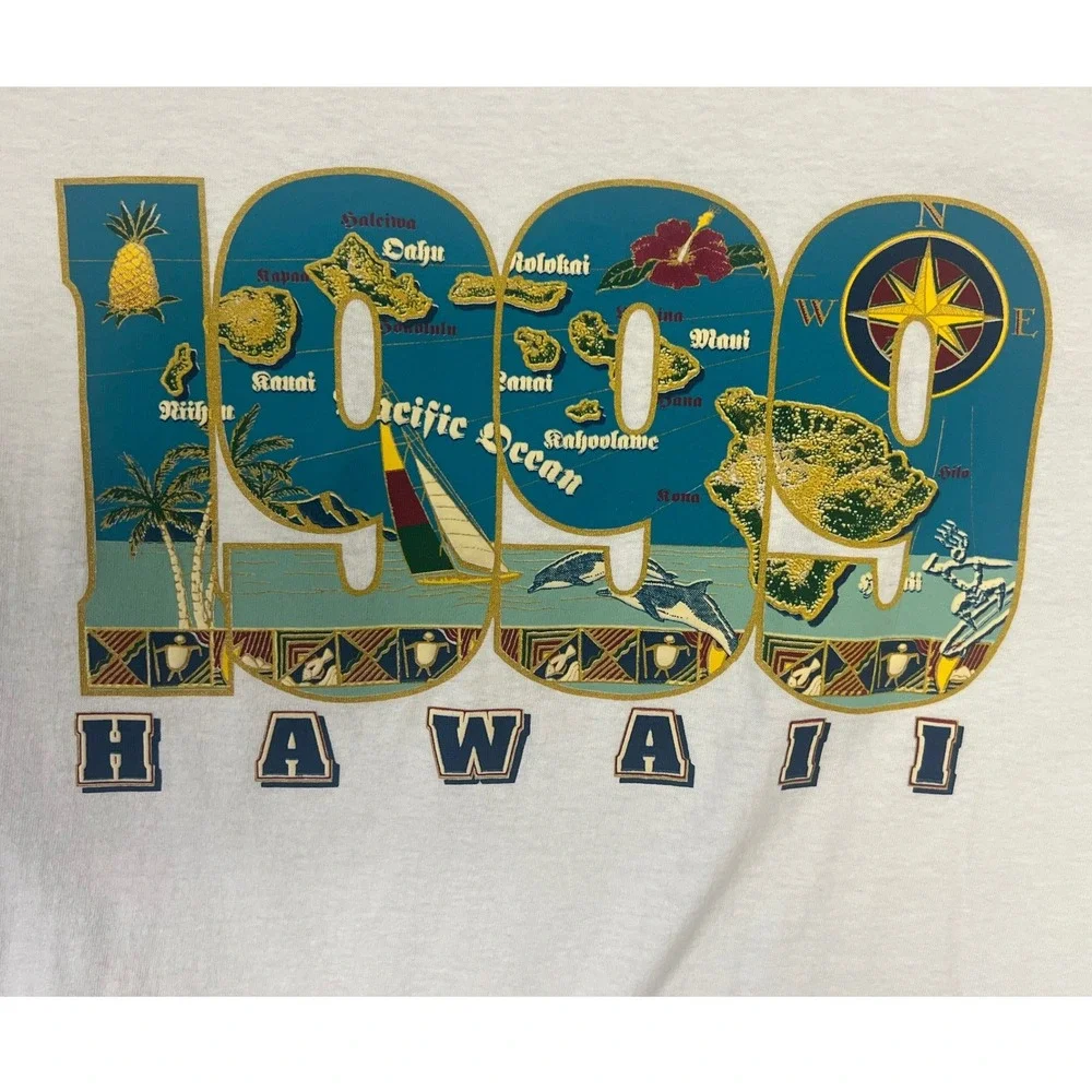 Tultex Vintage 1999 Hawaii Souvenir Graphic Tee‎ M White 90s Cotton Island Map